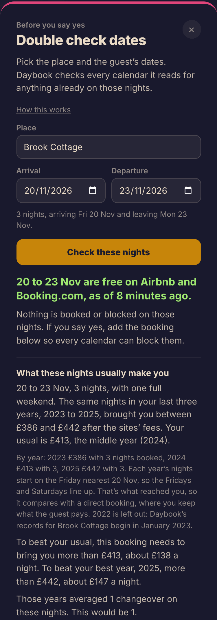 The Double check dates panel for Brook Cottage, arriving Friday 20 November and leaving Monday 23 November. It says the nights are free on Airbnb and Booking.com as of 8 minutes ago, then shows what these nights usually make: between 386 and 442 pounds in the last three years, with 413 pounds as the usual.