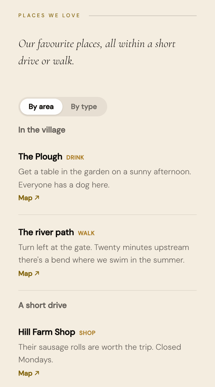 The Places we love section of a made-up guest guide, grouped by area, with a pub, a river walk and a farm shop, each with a line about why the host loves it.